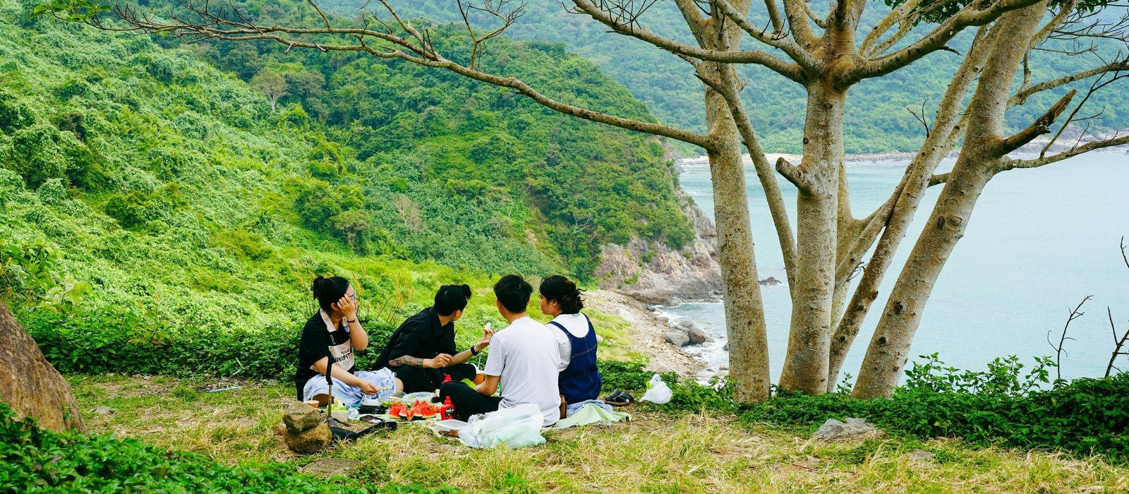 Four friends sharing a picnic on a hillside above the sea