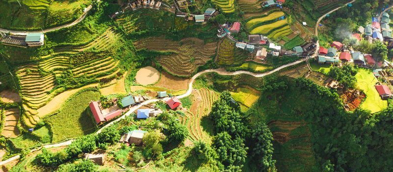 Terraced rice fields cut into a steep hillside from above, a pale road winding between them past tin-roofed houses.