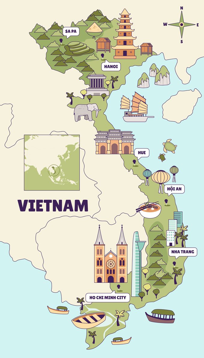 An illustrated map of Vietnam marking Sa Pa, Hanoi, Hue, Hoi An,
                  Nha Trang and Ho Chi Minh City, drawn with a pagoda, junk boats,
                  paper lanterns, rice terraces and the Notre-Dame Basilica.